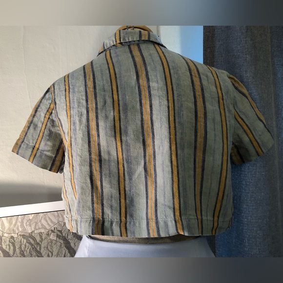 Caractere Striped Linen Button Up Cropped Made in Italy Blue Orange Small - Picture 5 of 10